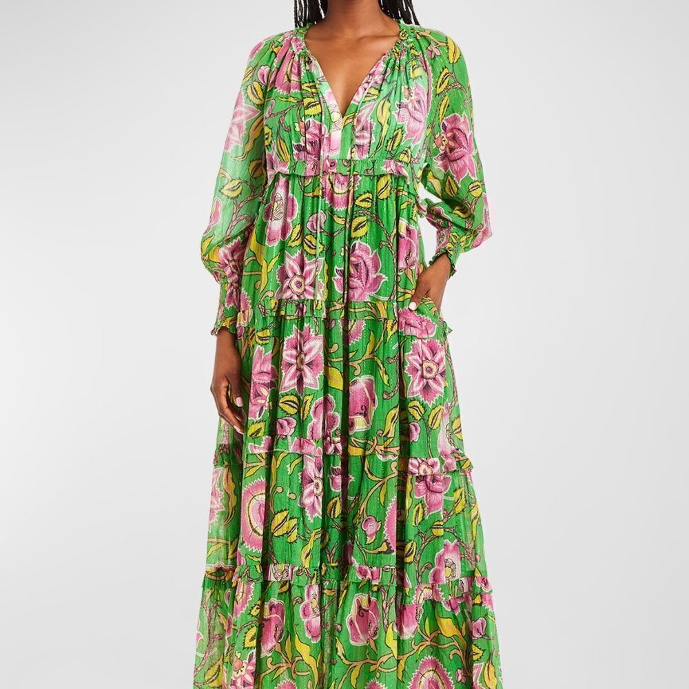 $345 Love the Label Tessa Green Pink Yellow Floral Tiered Maxi Dress Size SMALL - Picture 1 of 8